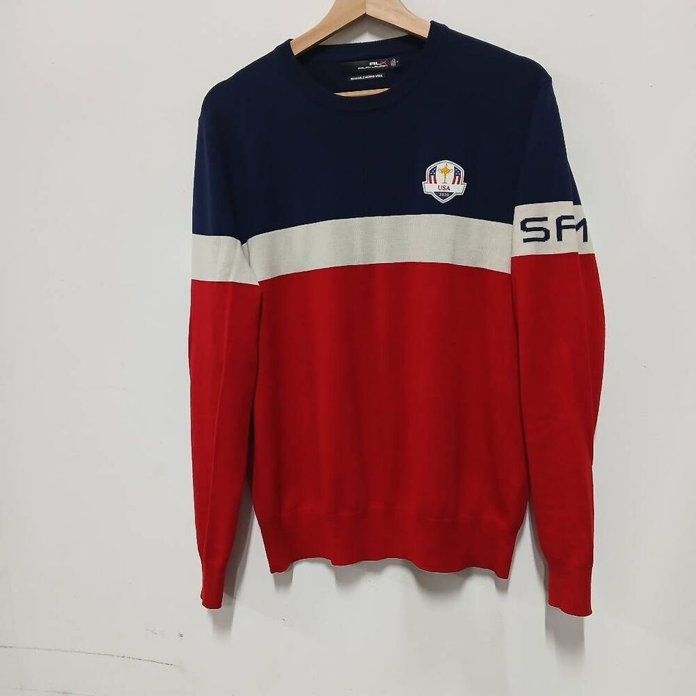 Rlx polo ralph lauren mens medium sweater 100% merino wool red blue